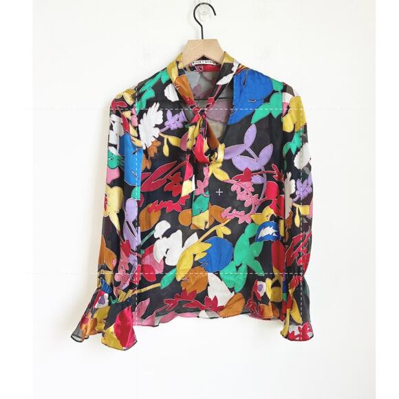 Alice + Olivia Mora Sheer Tie Neck Silk Blouse XS Black Multi-Color - Picture 5 of 7